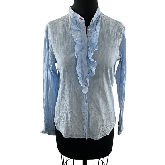 Ines De La Fressange UNI QLO Blue White Top Ruffle Metallic Stripe Size Medium M - Picture 1 of 10